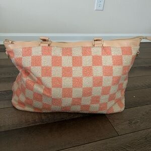 Pink Lily Peach and Cream Checkered Fuzzy Tote